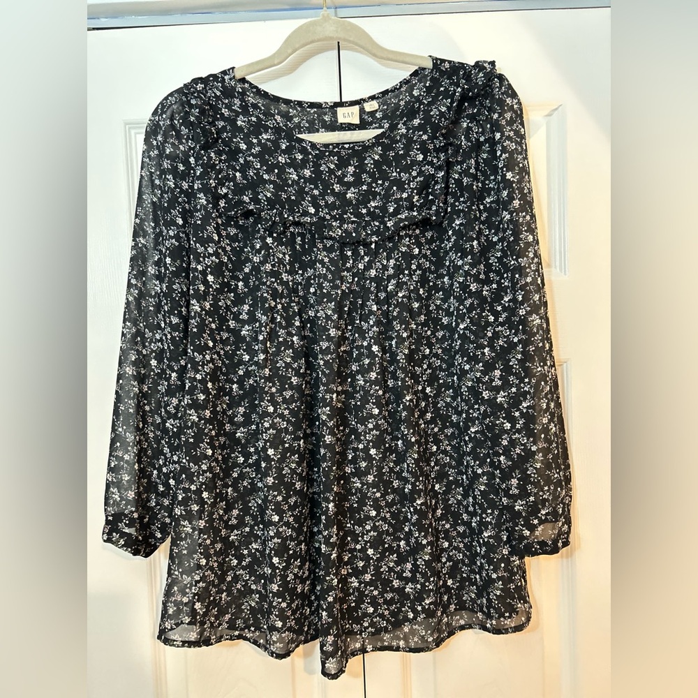 GAP Tall Floral Sheer Blouse Black Long Sleeve Size S